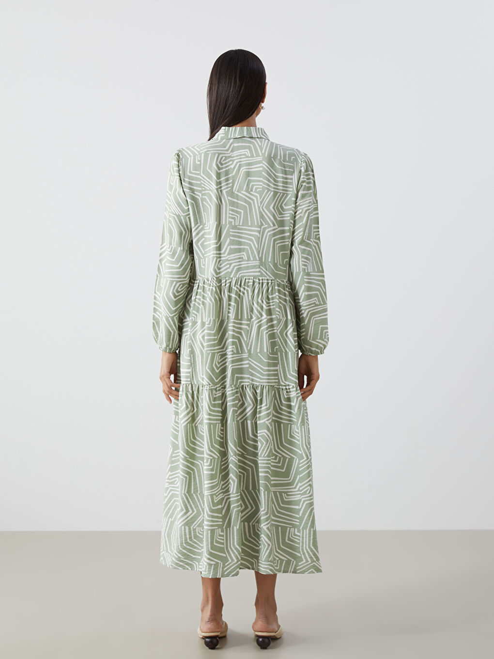 Yeşil Gömlek Yaka Desenli Elbise-3