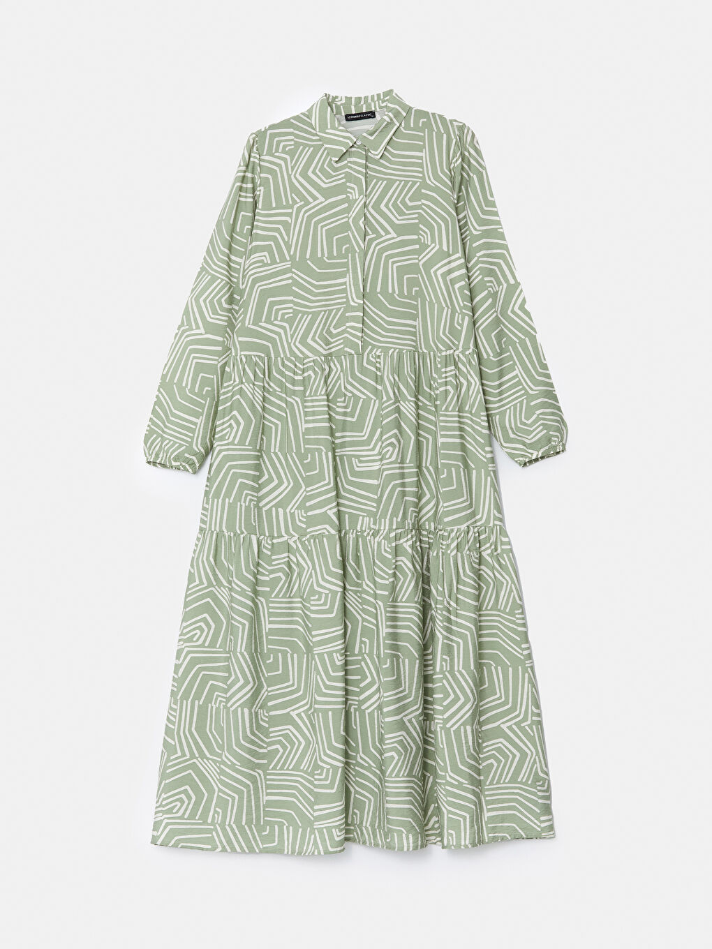 Yeşil Gömlek Yaka Desenli Elbise-4