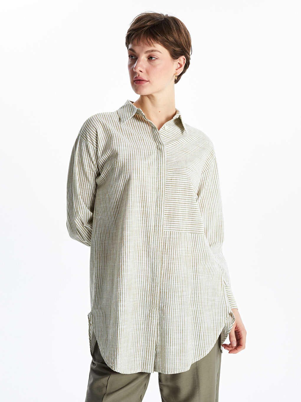 LCWAIKIKI Classic Bej Çizgili Oversize Kadın Gömlek Tunik