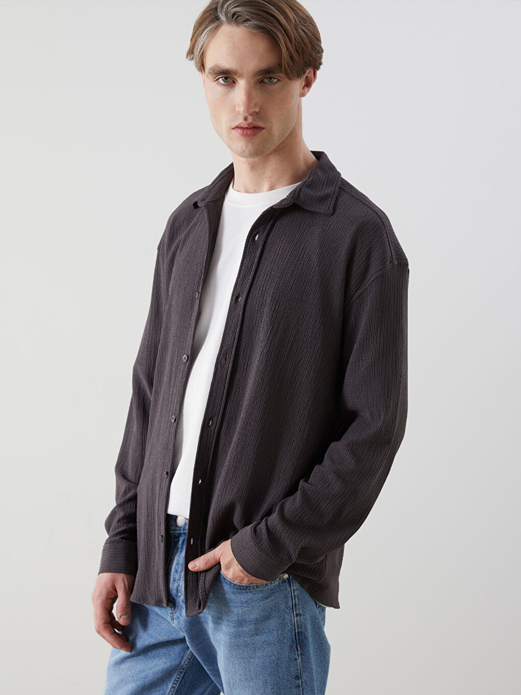 Gri Regular Fit Uzun Kollu Erkek Gömlek