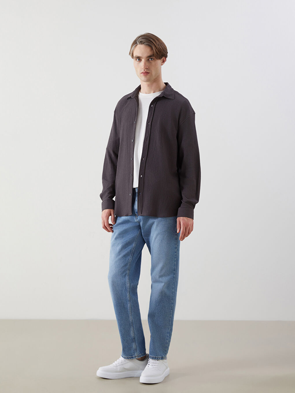 Gri Regular Fit Uzun Kollu Erkek Gömlek-1