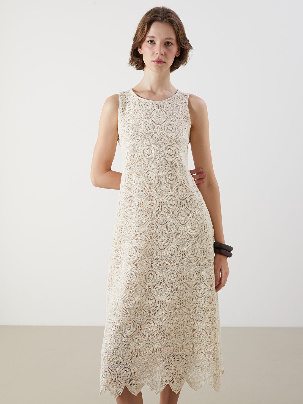 Bej Bisiklet Yaka Dantelli Kroşe Elbise-2