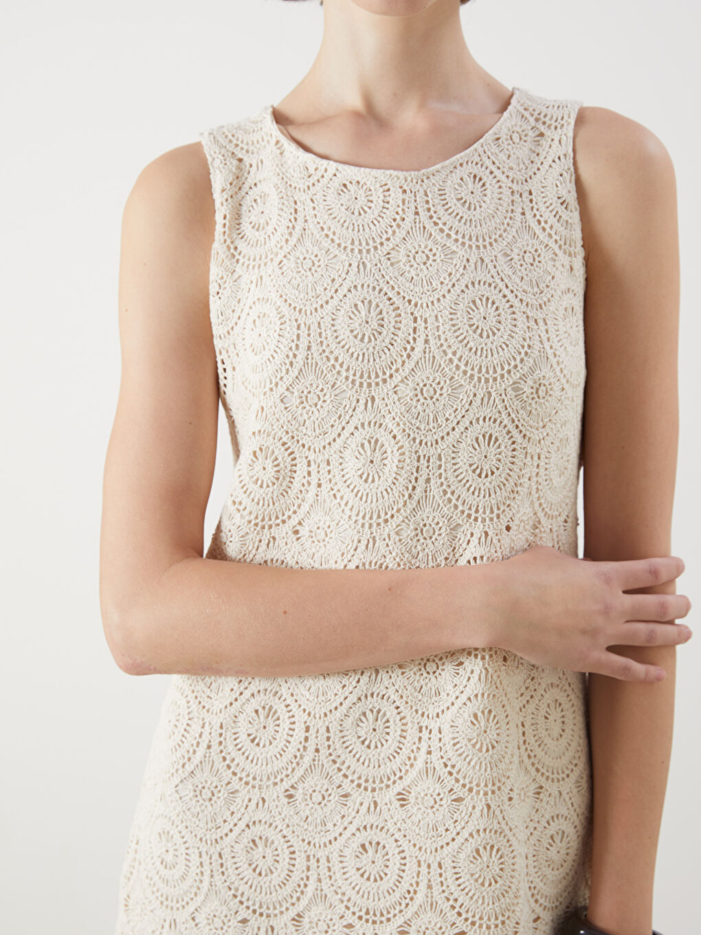 Bej Bisiklet Yaka Dantelli Kroşe Elbise-3