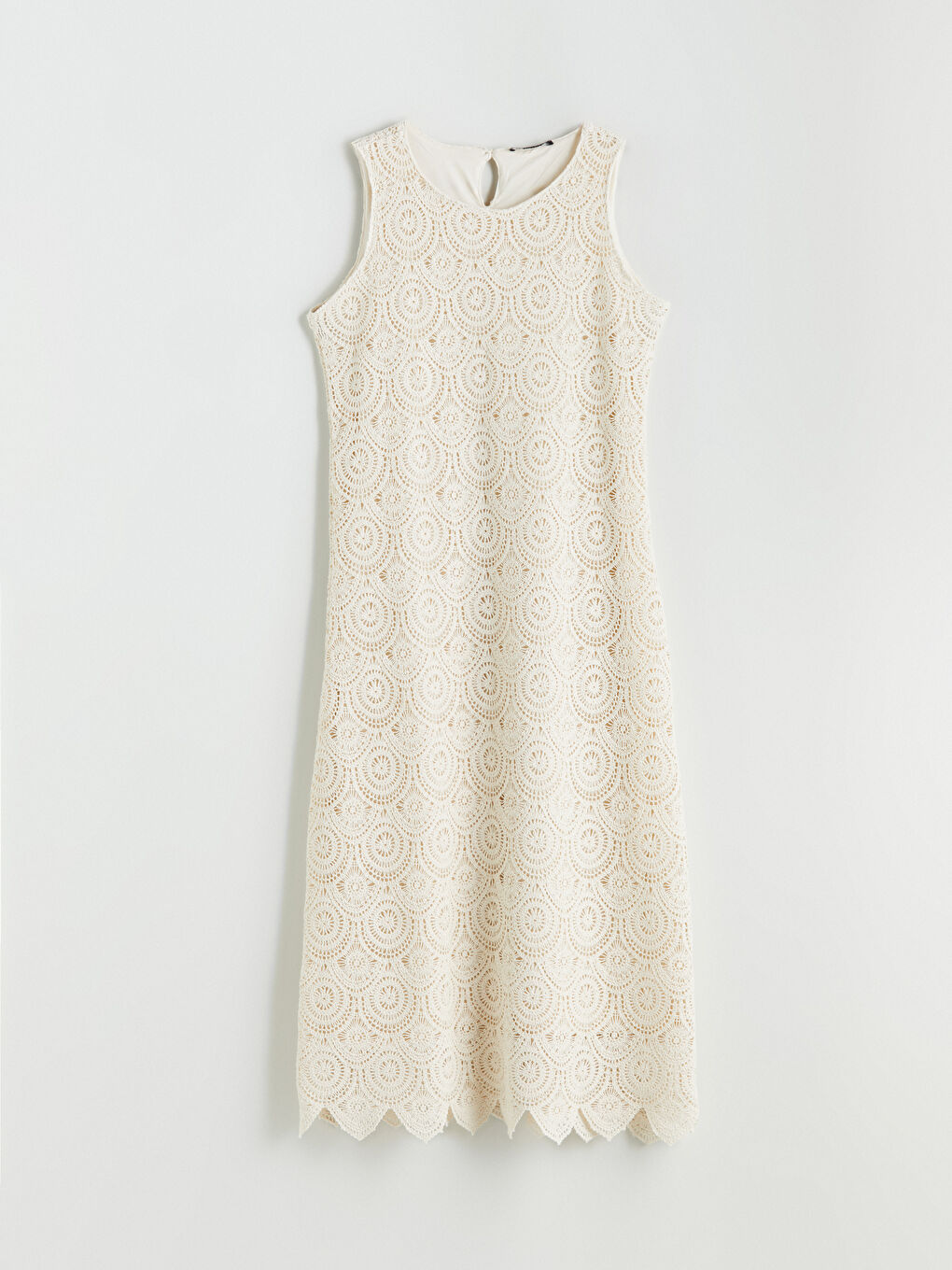 Bej Bisiklet Yaka Dantelli Kroşe Elbise-5