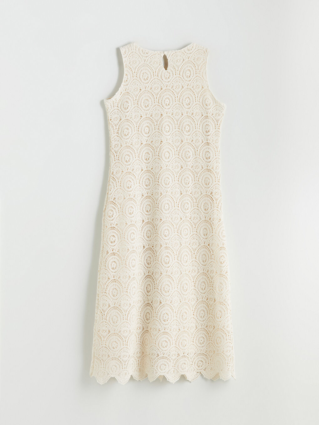 Bej Bisiklet Yaka Dantelli Kroşe Elbise-6