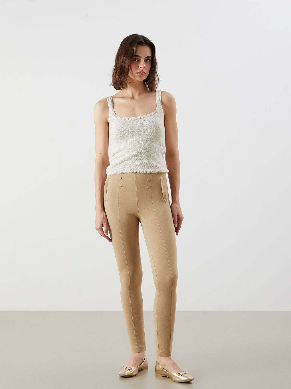 Pantalon Leggings Uni à Taille Élastiquée pour Femmes