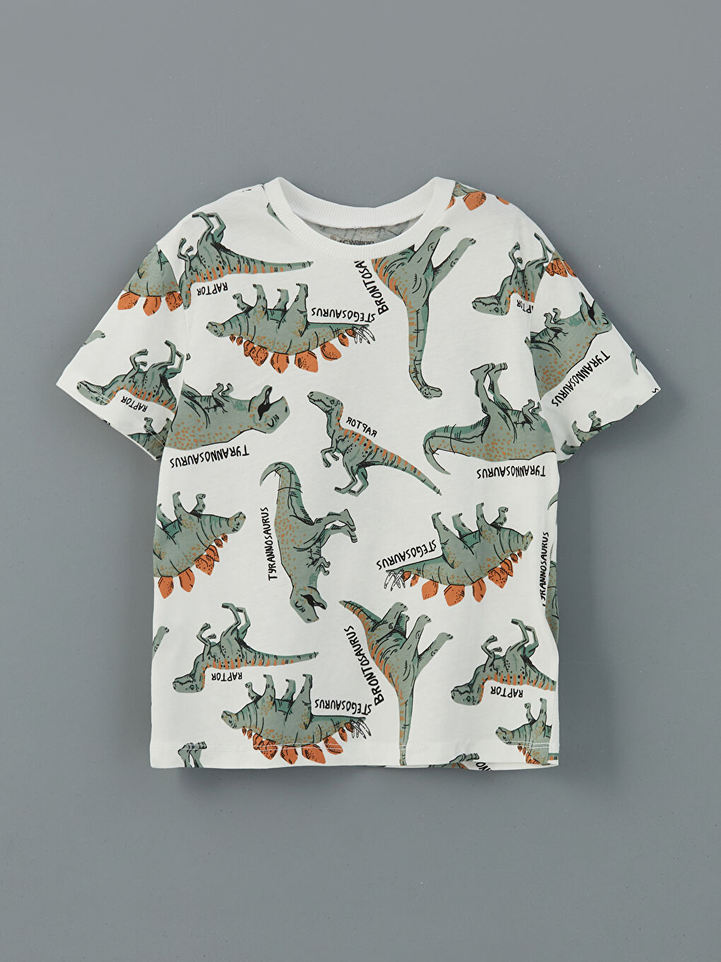 Ekru Bisiklet Yaka Dinozor Baskılı Erkek Çocuk Tişört