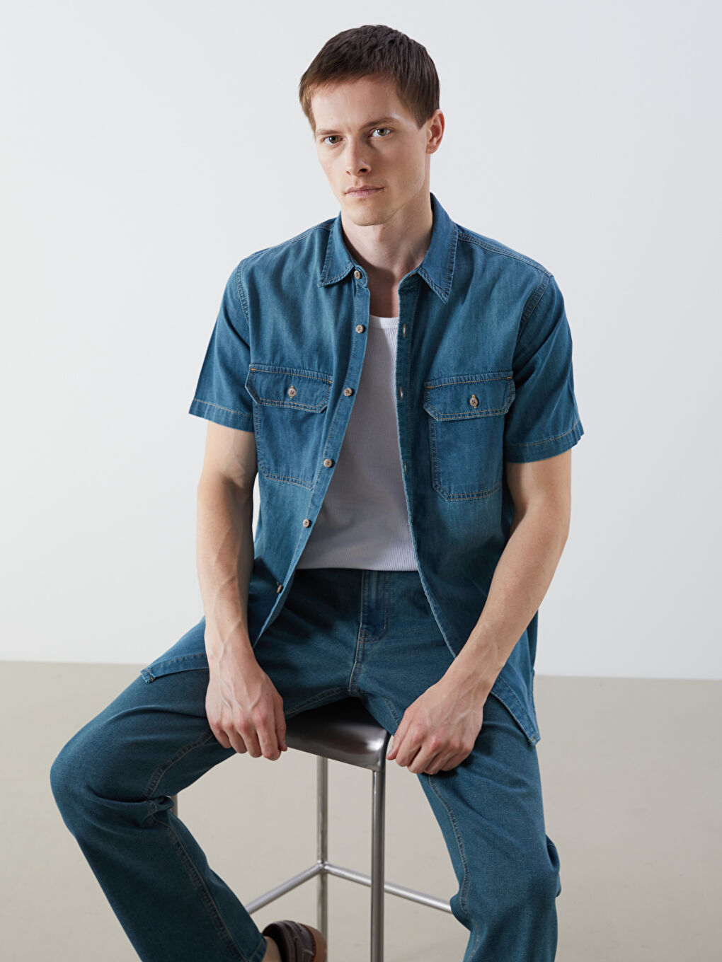 Yeşil Regular Fit Kısa Kollu Erkek Jean Gömlek