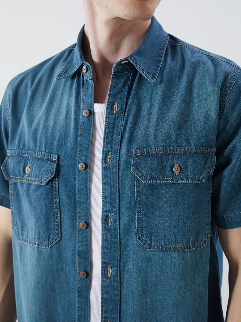 Yeşil Regular Fit Kısa Kollu Erkek Jean Gömlek-2