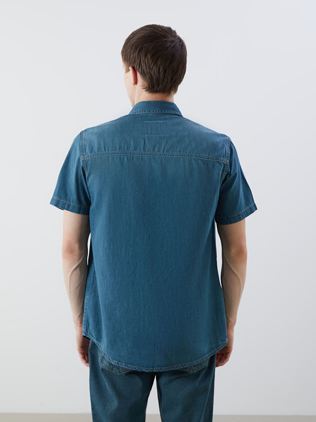 Yeşil Regular Fit Kısa Kollu Erkek Jean Gömlek-3