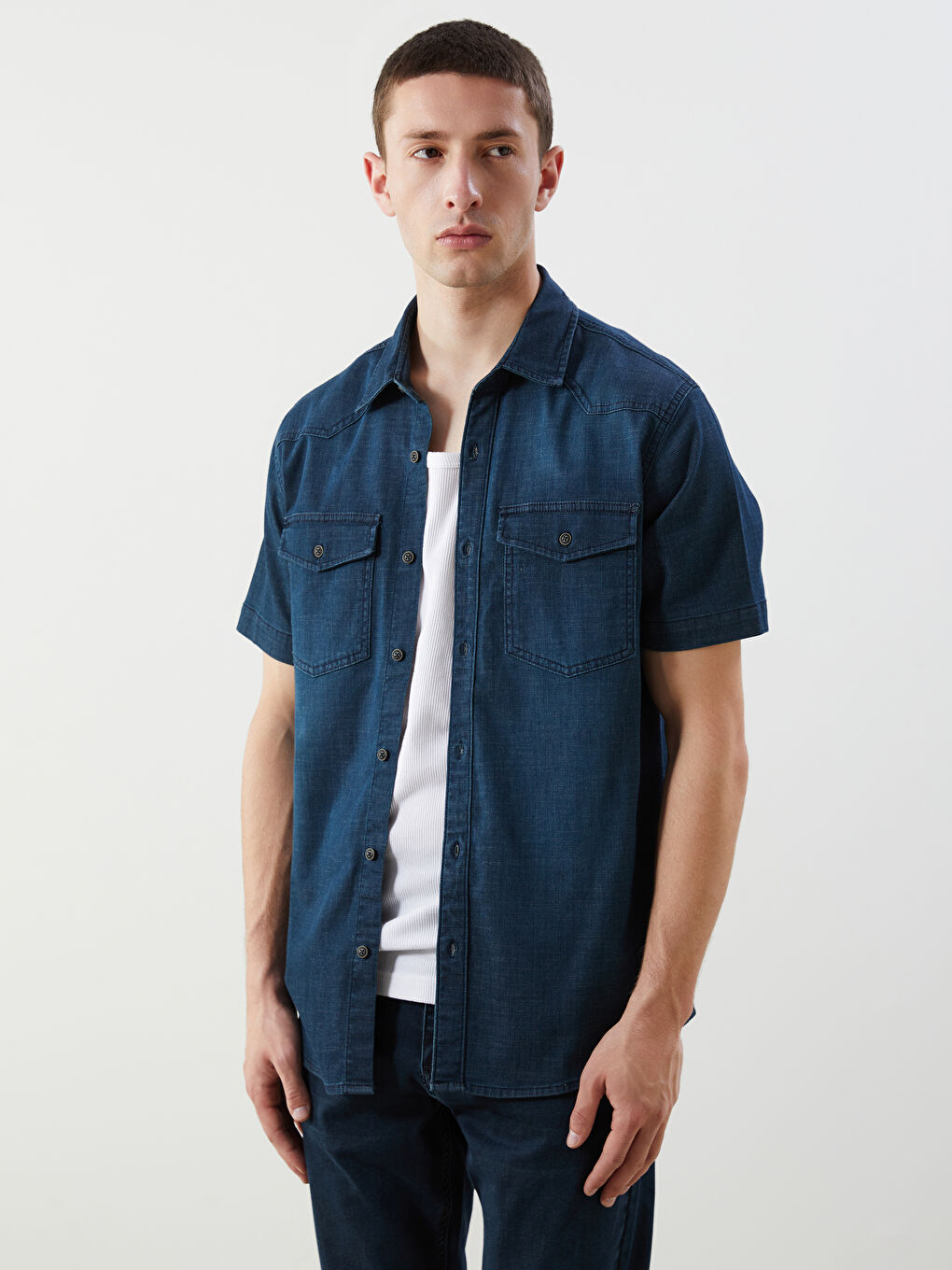 Regular Fit Short Sleeve Men's Denim Shirt -S5KB07Z8-309