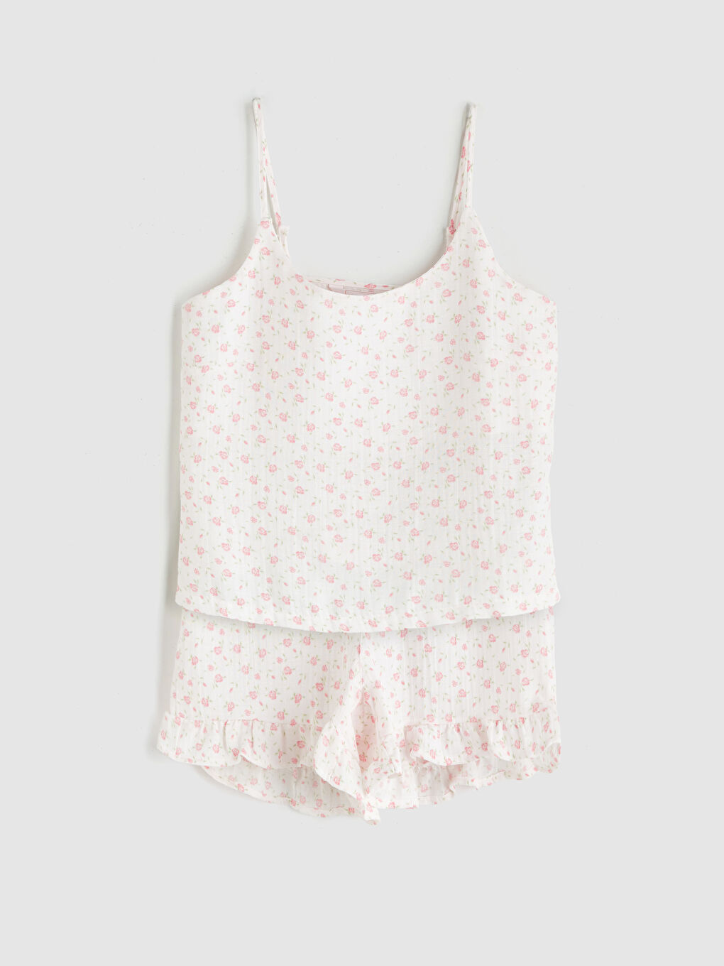 Pembe U Yaka Çiçekli Askılı Kadın Şortlu Pijama Takımı-4