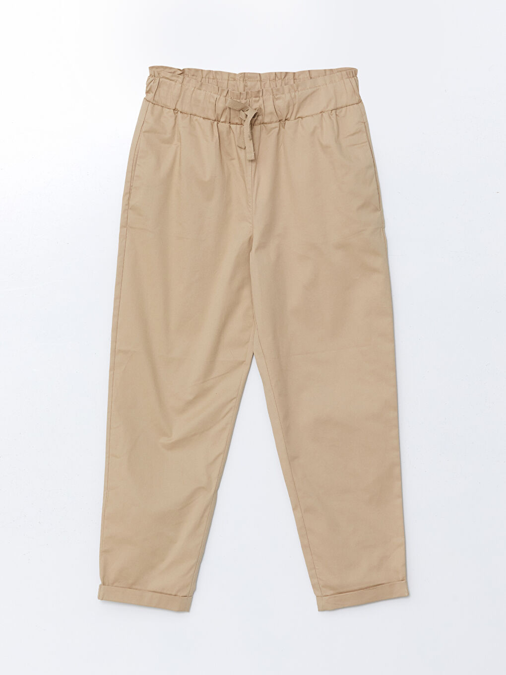 Bej Beli Lastikli Düz Gabardin Kadın Pantolon-4