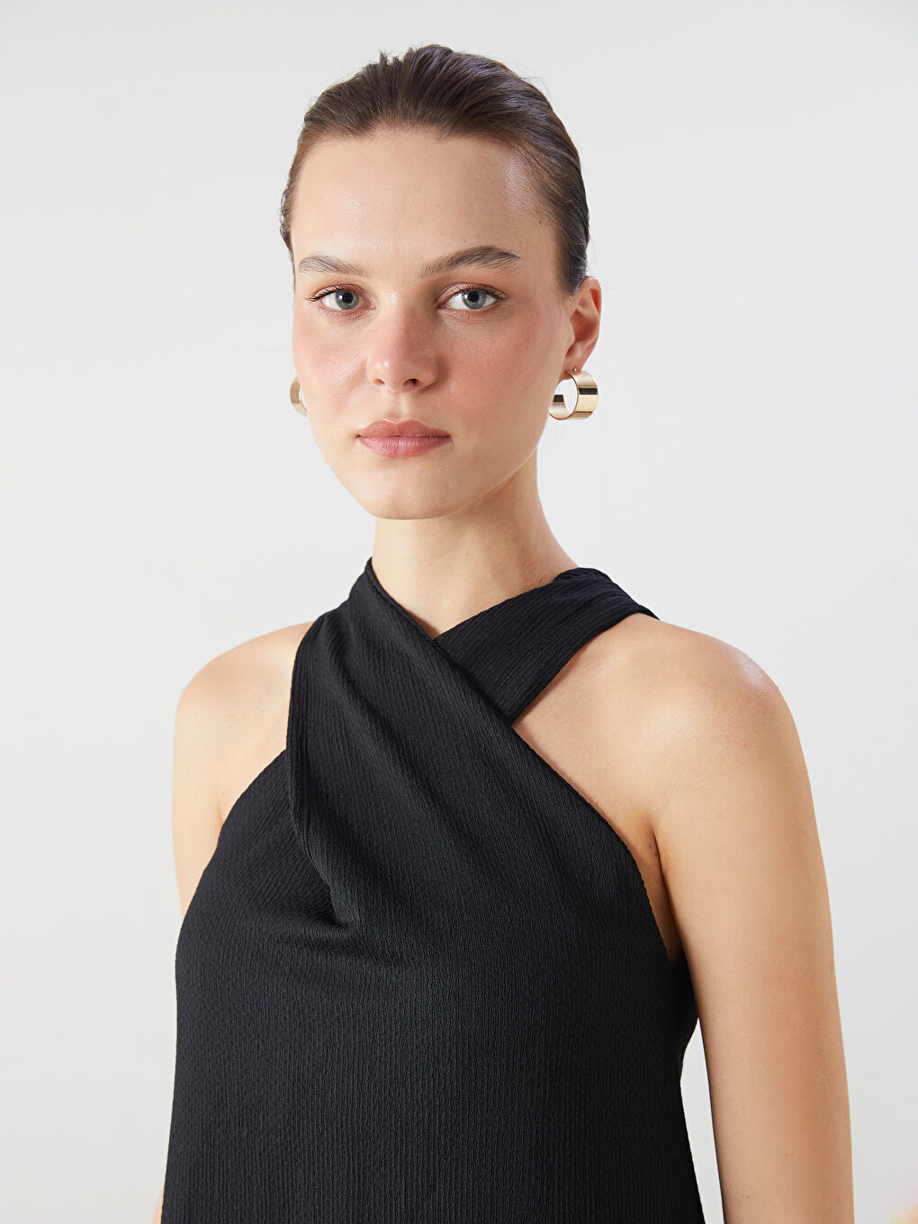 Halter Neck Textured A-Line Dress-2