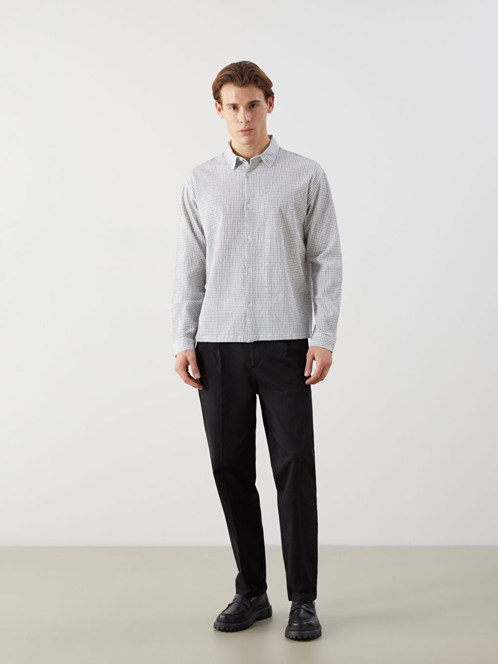 Beyaz Regular Fit Uzun Kollu Desenli Erkek Gömlek-1