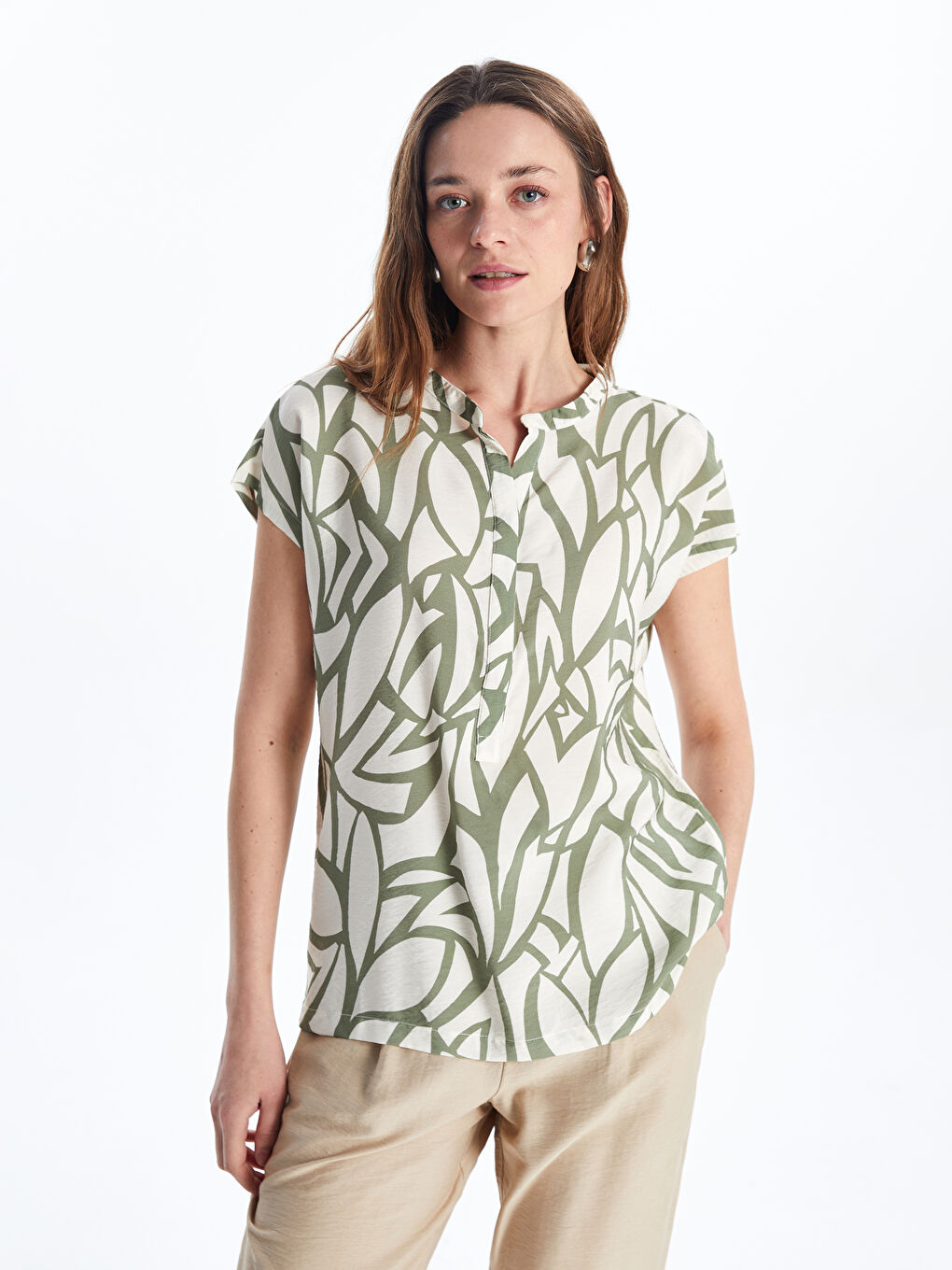 Henley Neckline Patterned Women's Blouse -S5KC72Z8-LRR