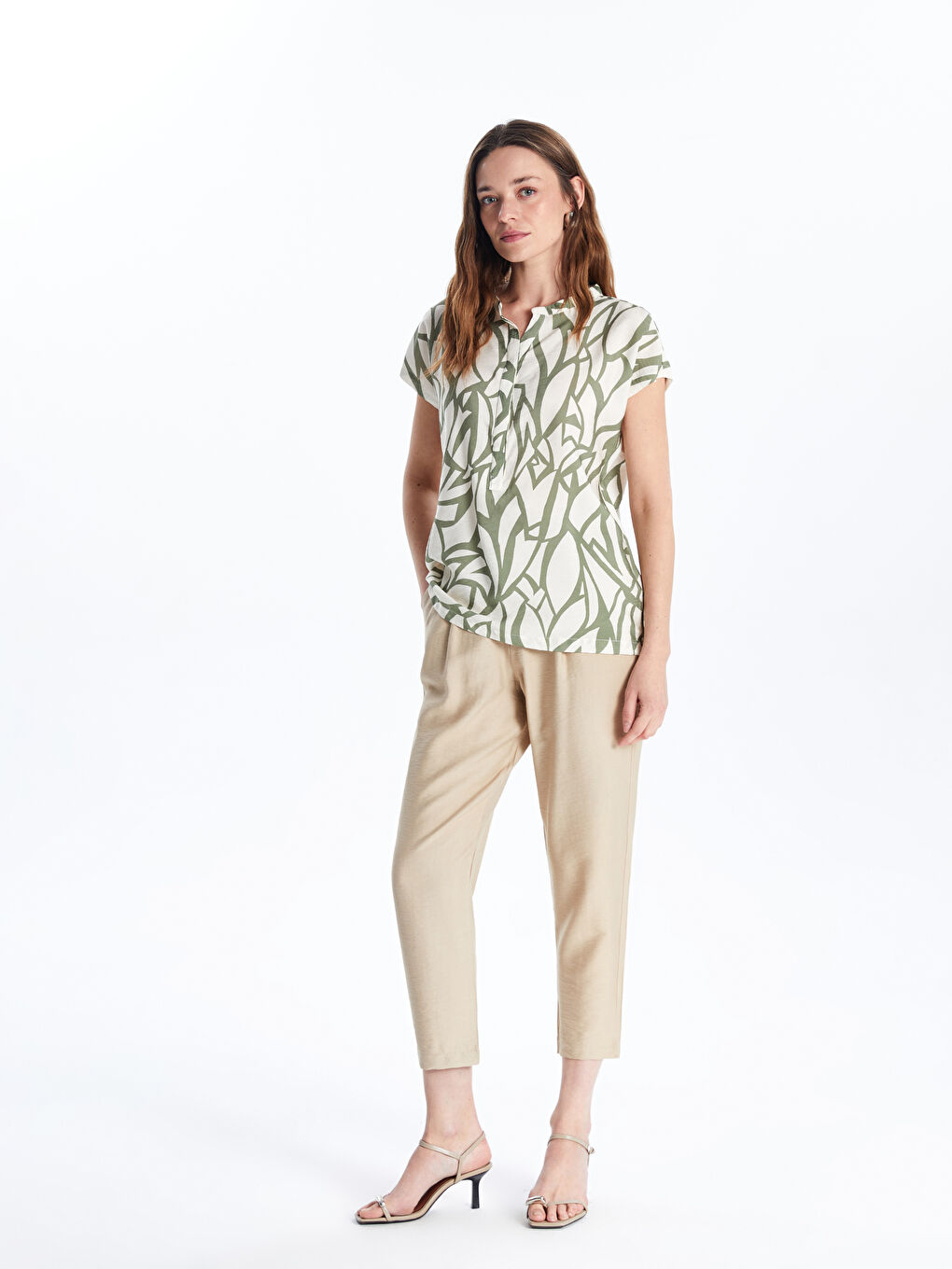 Henley Neckline Patterned Women's Blouse -S5KC72Z8-LRR