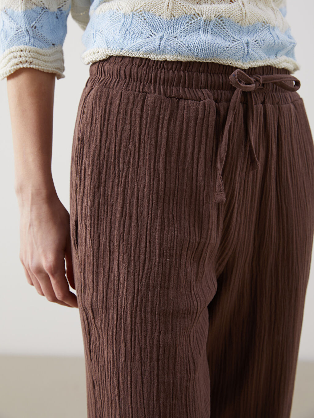 Elastic Waist Textured Women's Trousers -S5KC74Z8-HLD