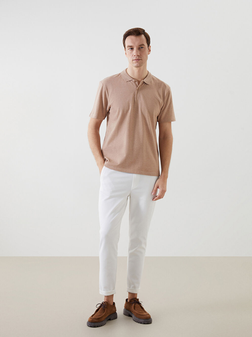 Bej Polo Yaka Kısa Kollu Erkek Tişört-1