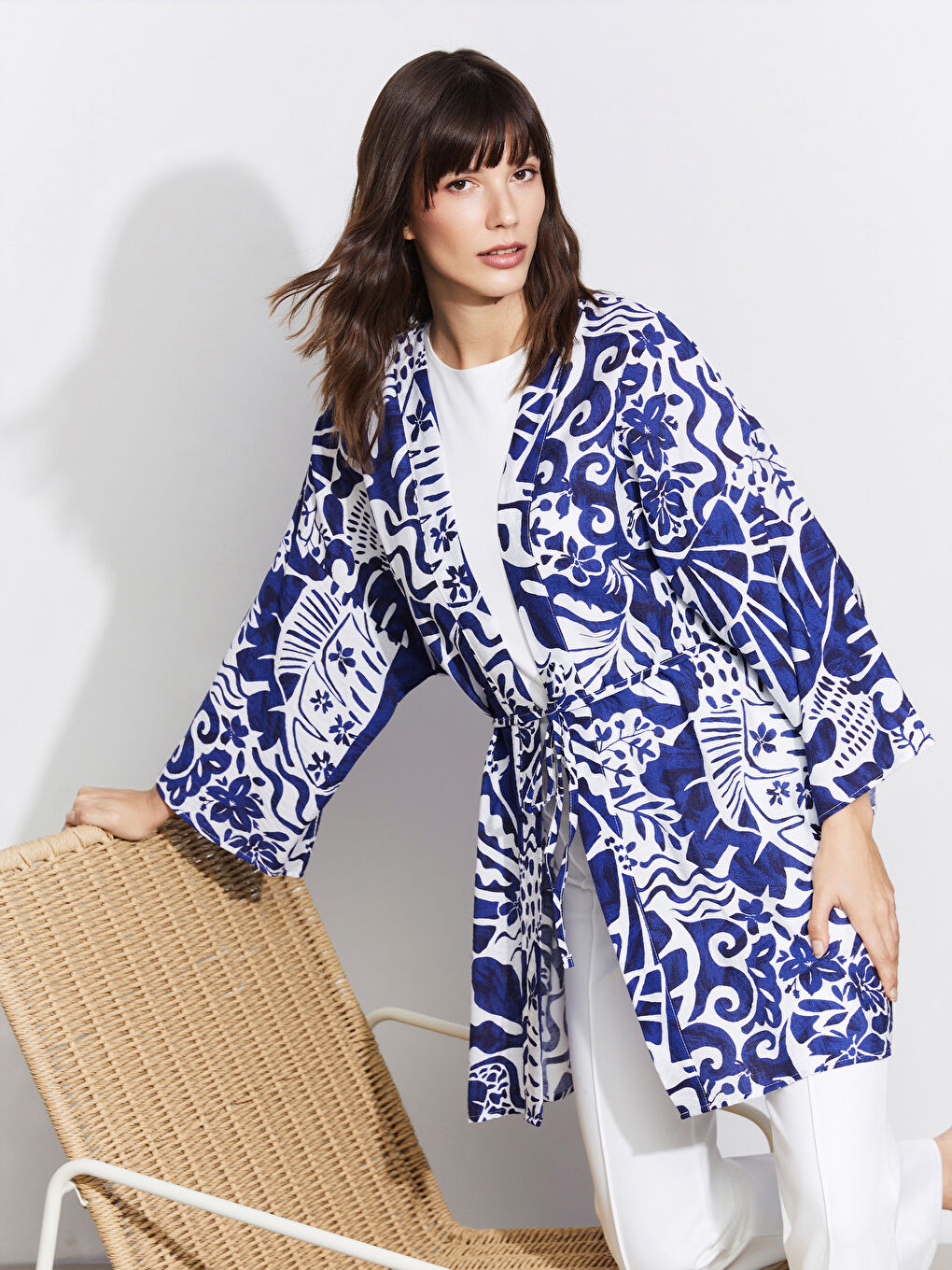 Shawl Collar Patterned Oversize Women's Kimono -S5KD14Z8-LSJ