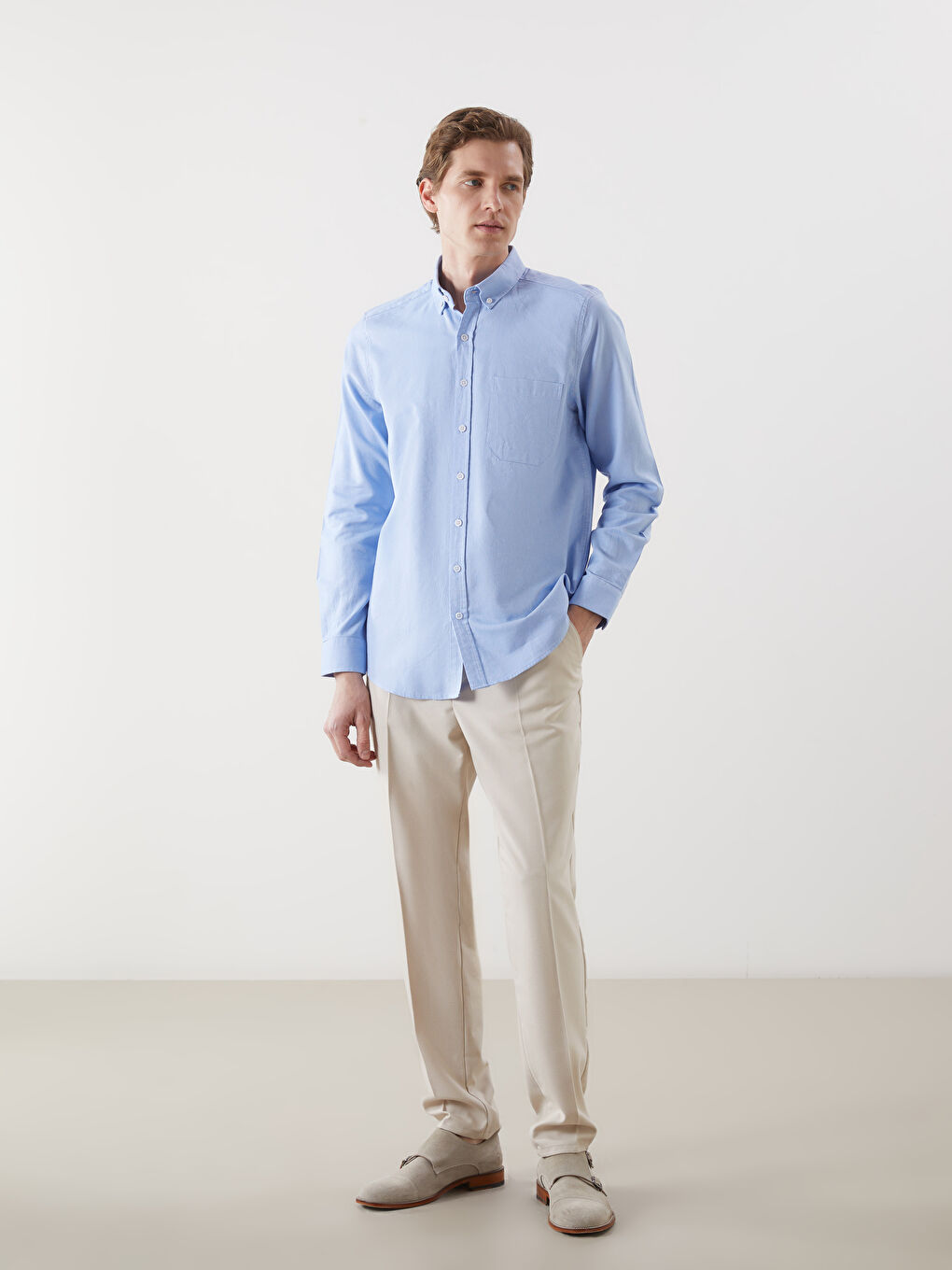 Regular Fit Long Sleeve Oxford Men's Shirt -W52695Z8-CU5