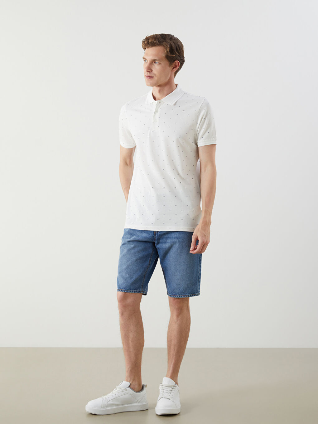 Ekru Büyük Beden Polo Yaka Desenli Pike Erkek Tişört-3