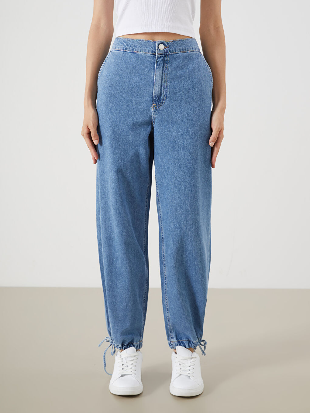 İndigo Beli Lastikli Jogger Kadın Jean Pantolon-1