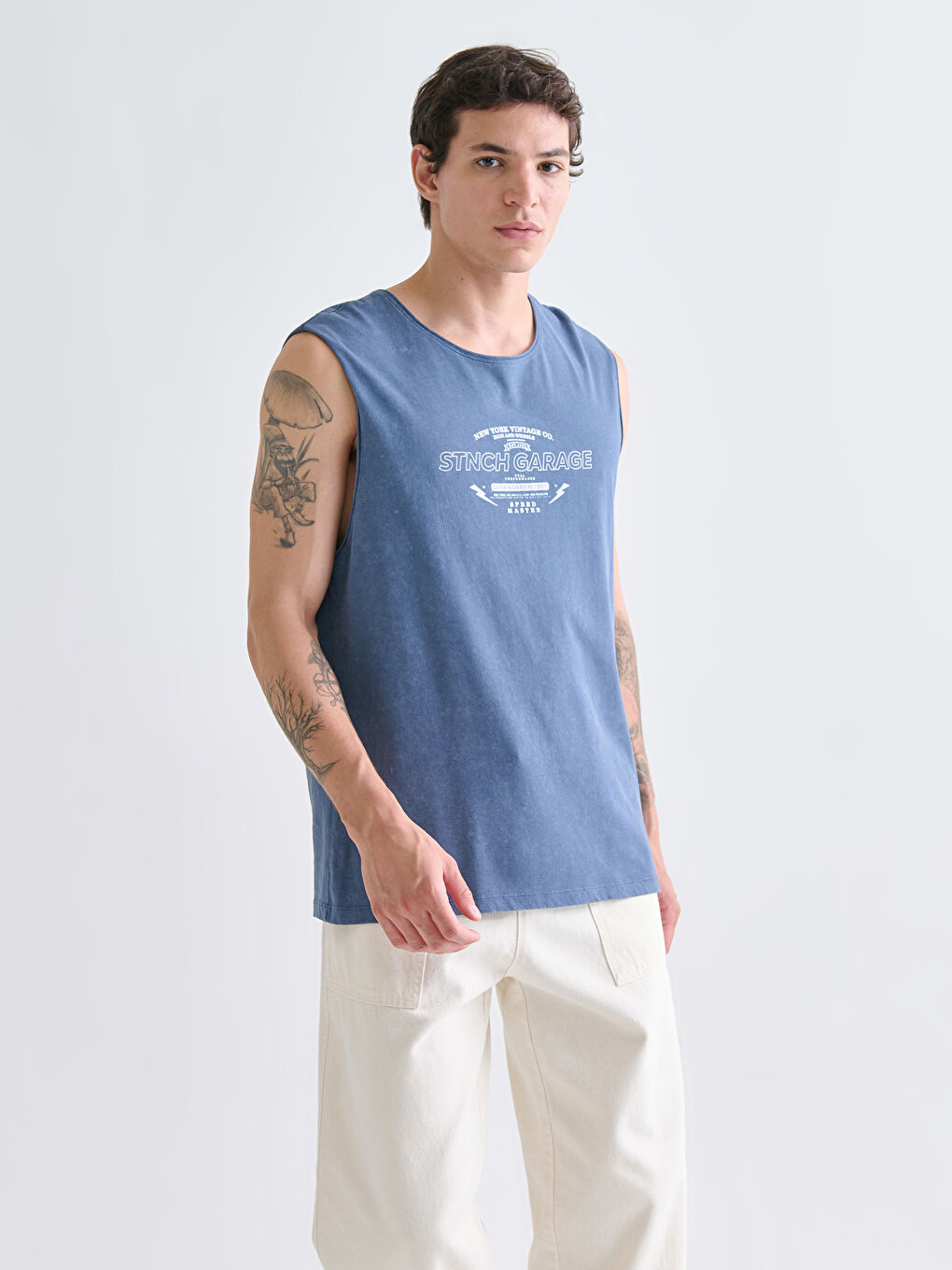 İndigo Bisiklet Yaka Baskılı Penye Erkek Kolsuz Tişört