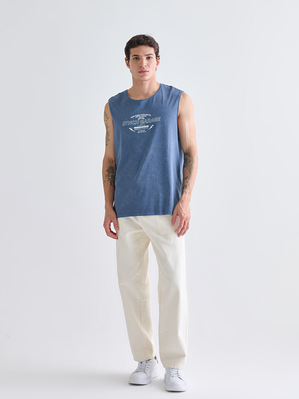 İndigo Bisiklet Yaka Baskılı Penye Erkek Kolsuz Tişört-1