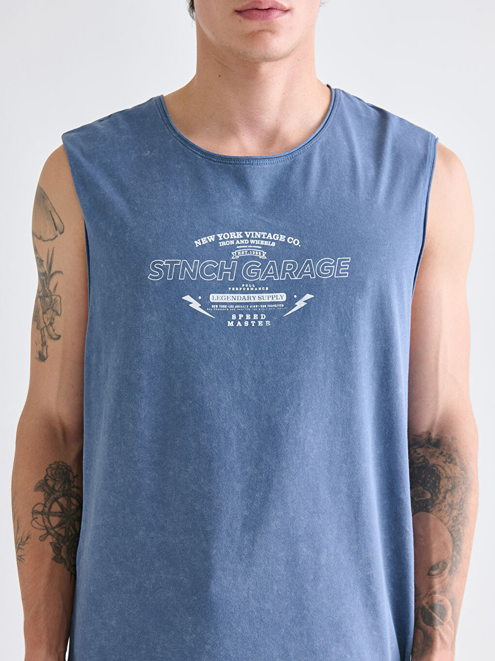 İndigo Bisiklet Yaka Baskılı Penye Erkek Kolsuz Tişört-2