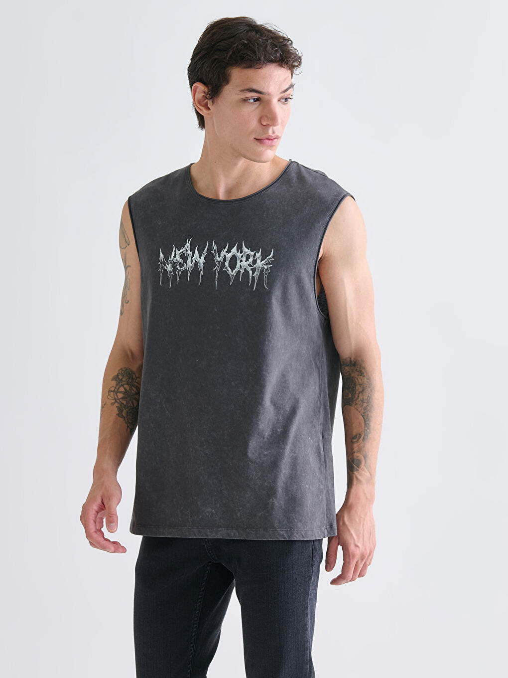 Antrasit Bisiklet Yaka New York Baskılı Penye Erkek Kolsuz Tişört