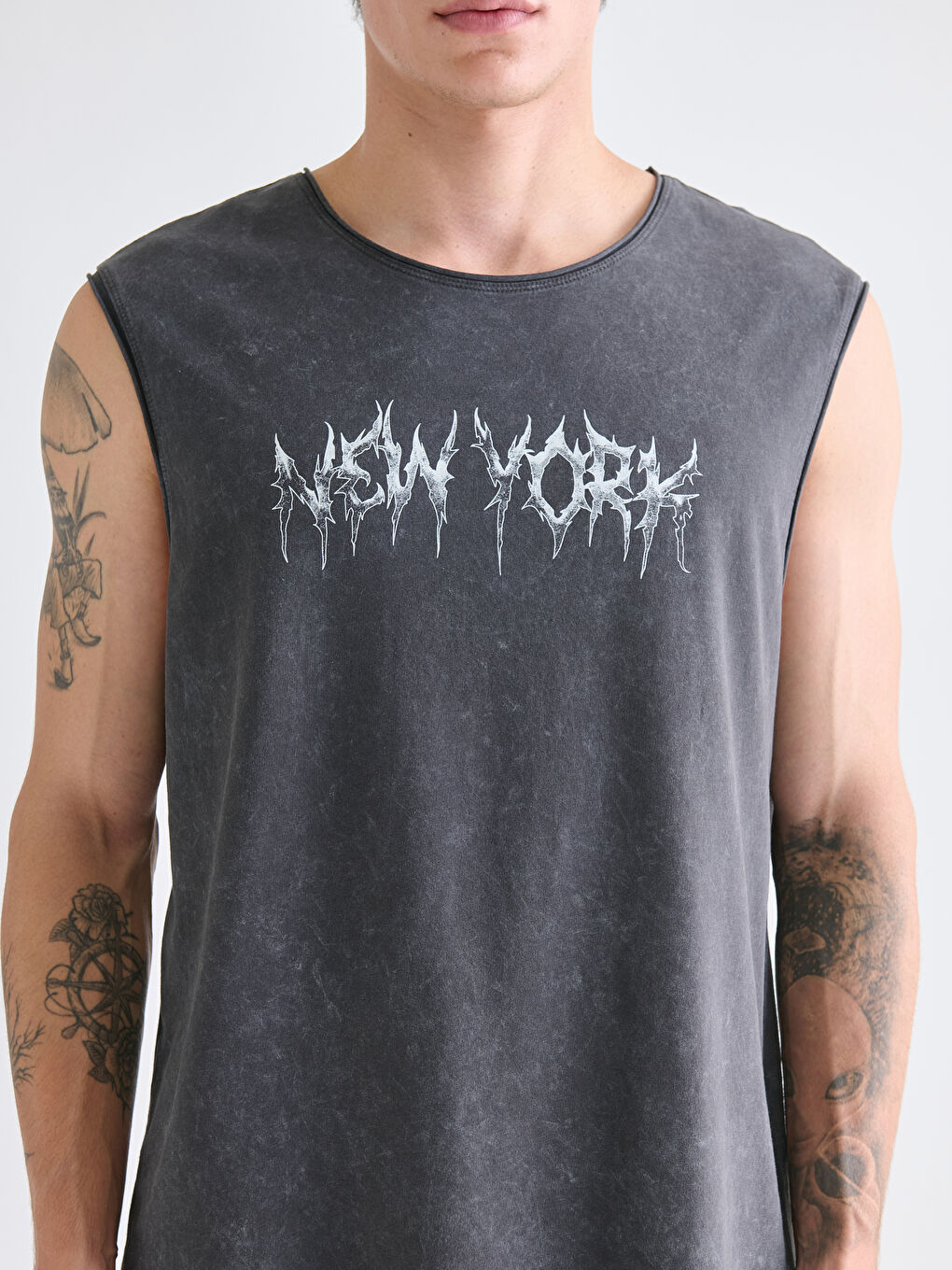 Antrasit Bisiklet Yaka New York Baskılı Penye Erkek Kolsuz Tişört-2