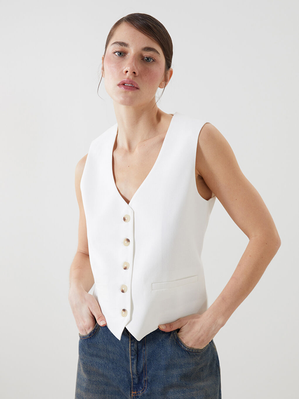 V-Neck Linen Blend Women's Classic Waistcoat -S5KF35Z8-R9J