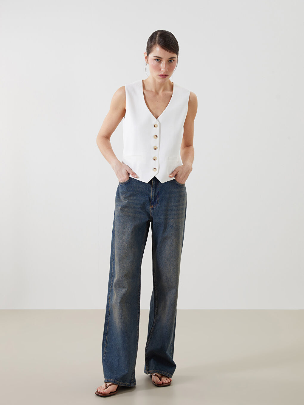 V-Neck Linen Blend Women's Classic Waistcoat -S5KF35Z8-R9J