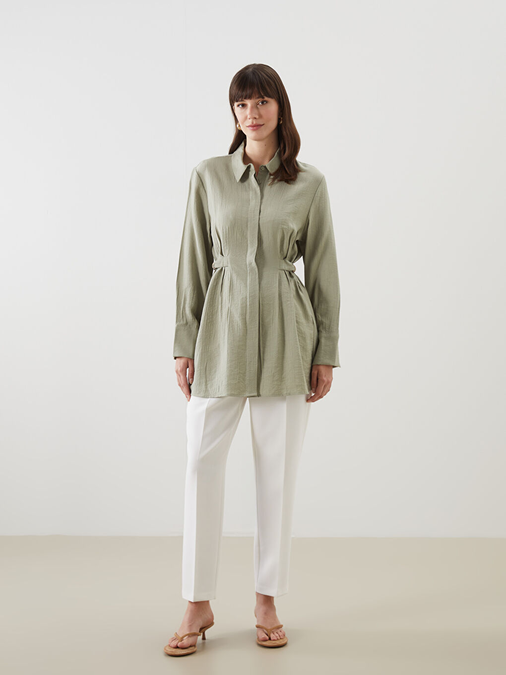 Yeşil Loose Fit Dokulu Kadın Gömlek Tunik-1