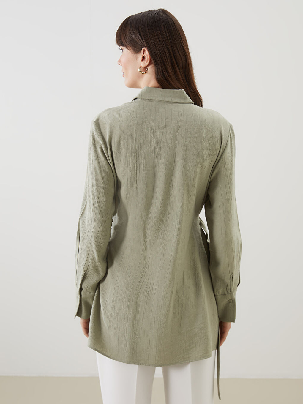 Yeşil Loose Fit Dokulu Kadın Gömlek Tunik-3