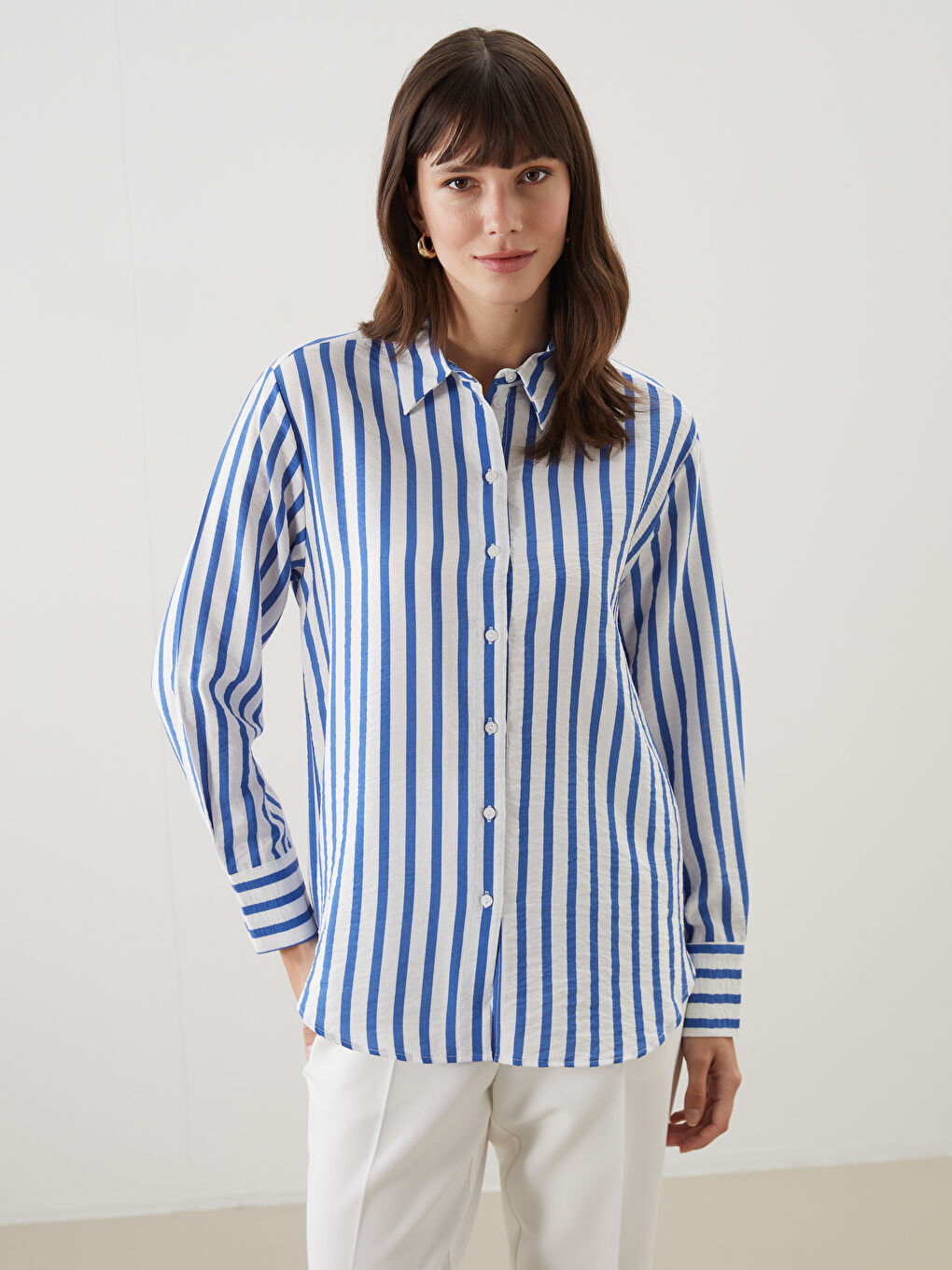 Lacivert Çizgili Kadın Gömlek
