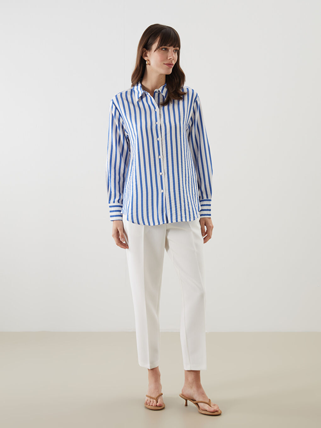 Lacivert Çizgili Kadın Gömlek-1