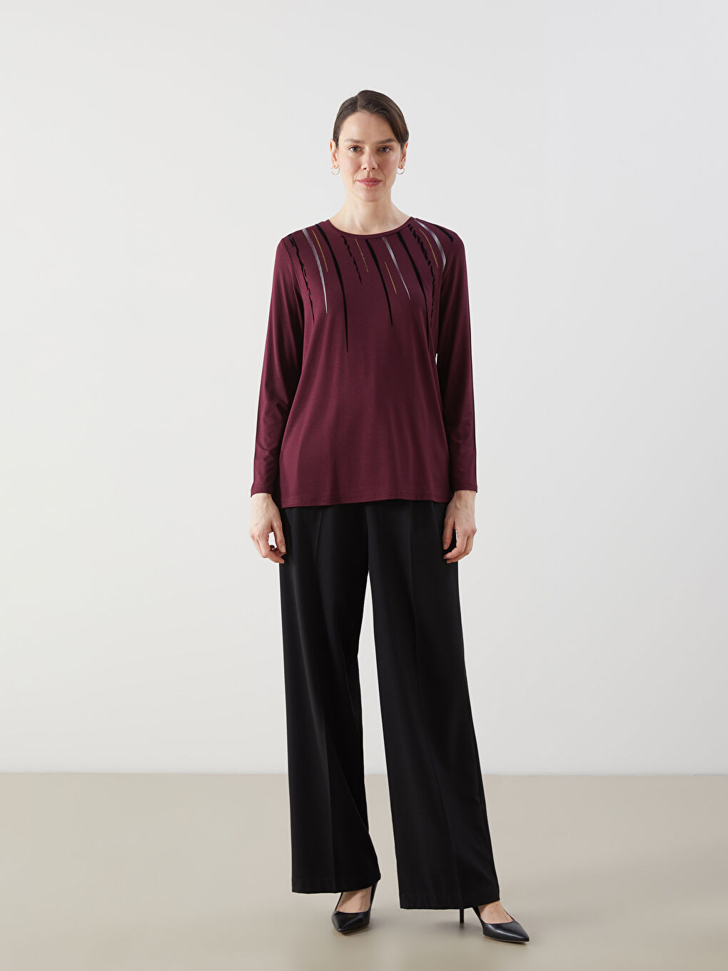 Mürdüm Bisiklet Yaka Desenli Kadın Bluz-1