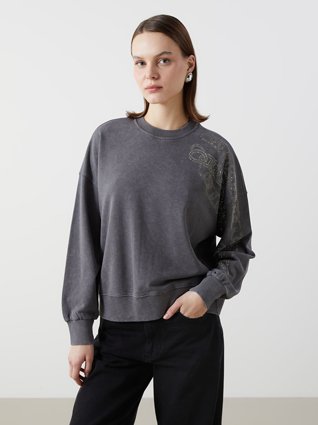 Rhinestone Embellished Oversize Women's Sweatshirt Tunic -S5KG80Z8-HRH