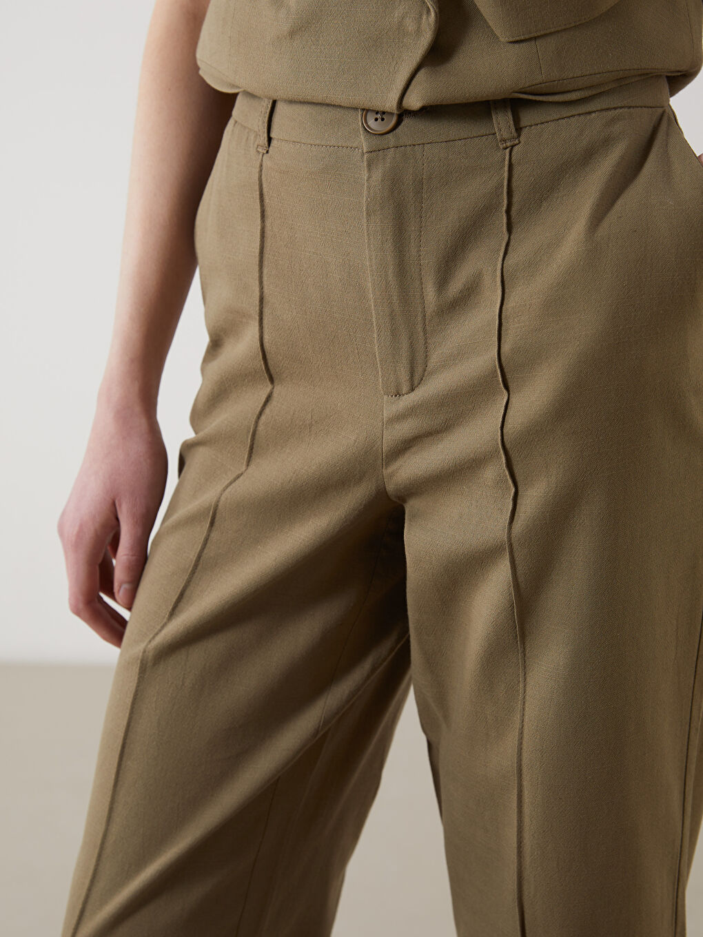 Haki Keten Karışımlı Kadın Pileli Pantolon-2