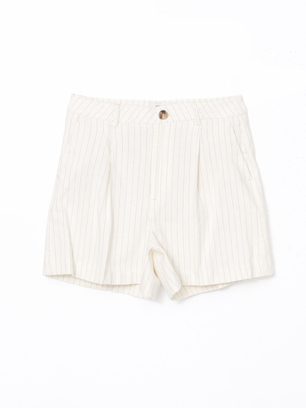 Bej Loose Fit Çizgili Keten Karışımlı Kadın Şort-8