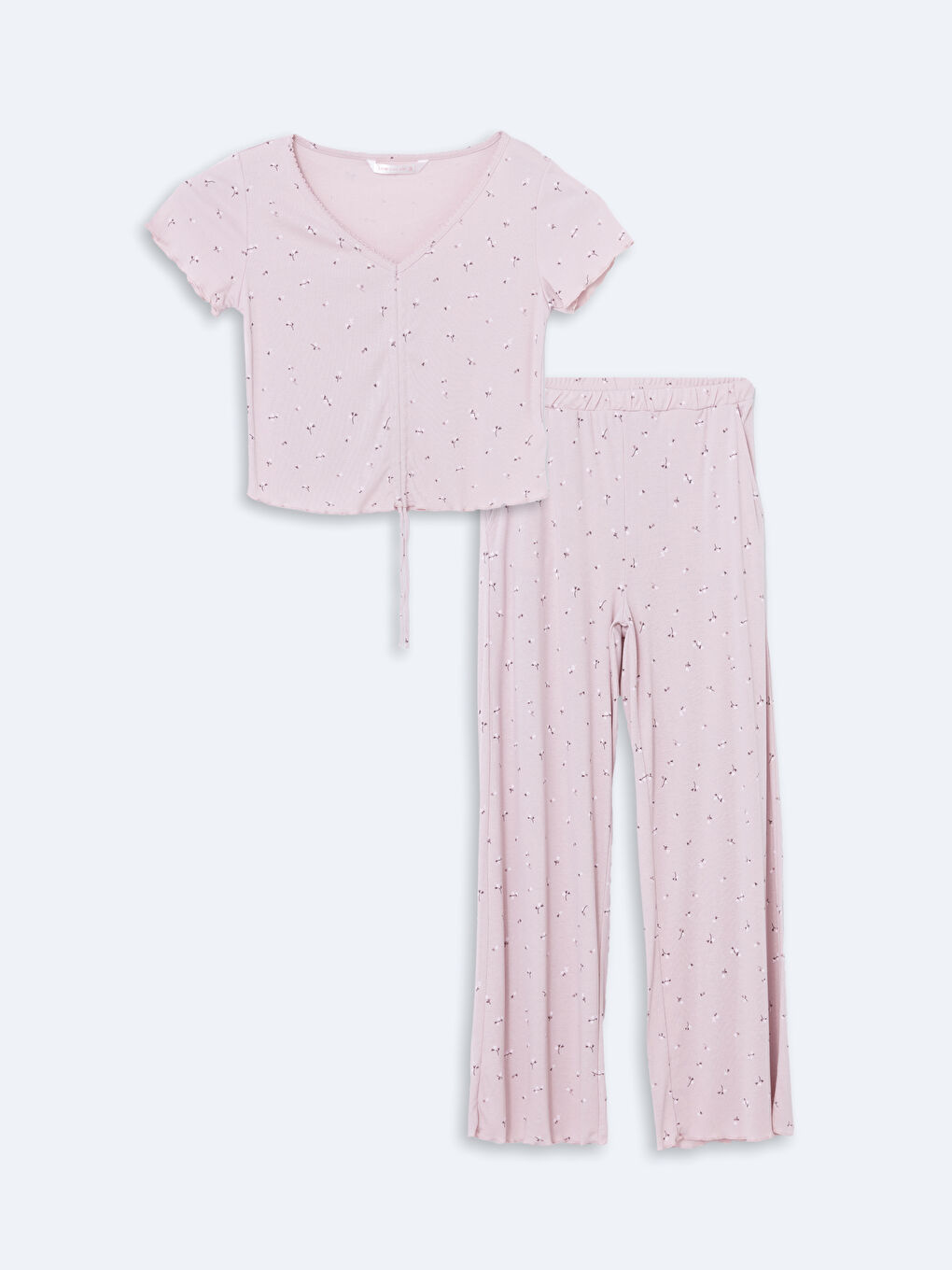 Pembe V Yaka Çiçekli Kadın Pijama Takımı-5
