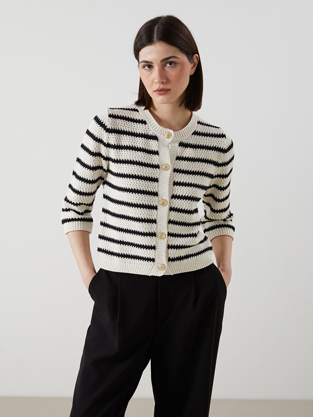 Crew Neck Striped Women's Knitwear Cardigan -S5KI52Z8-LEG