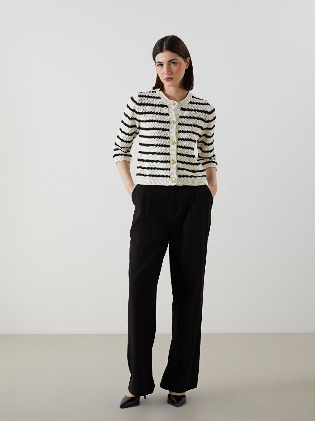 Crew Neck Striped Women's Knitwear Cardigan -S5KI52Z8-LEG