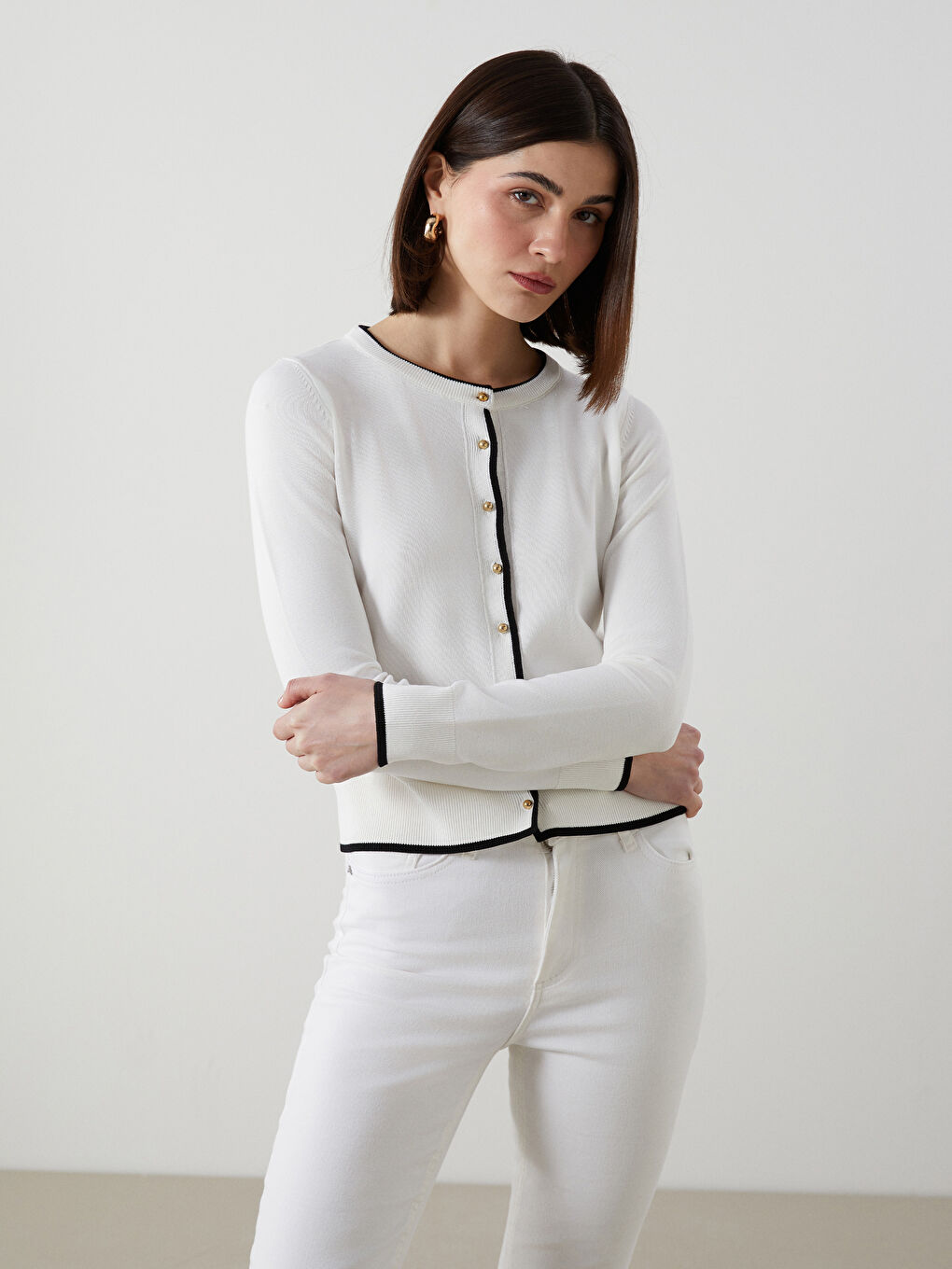 Crew Neck Women Knitted Cardigan -S5KI64Z8-R9J