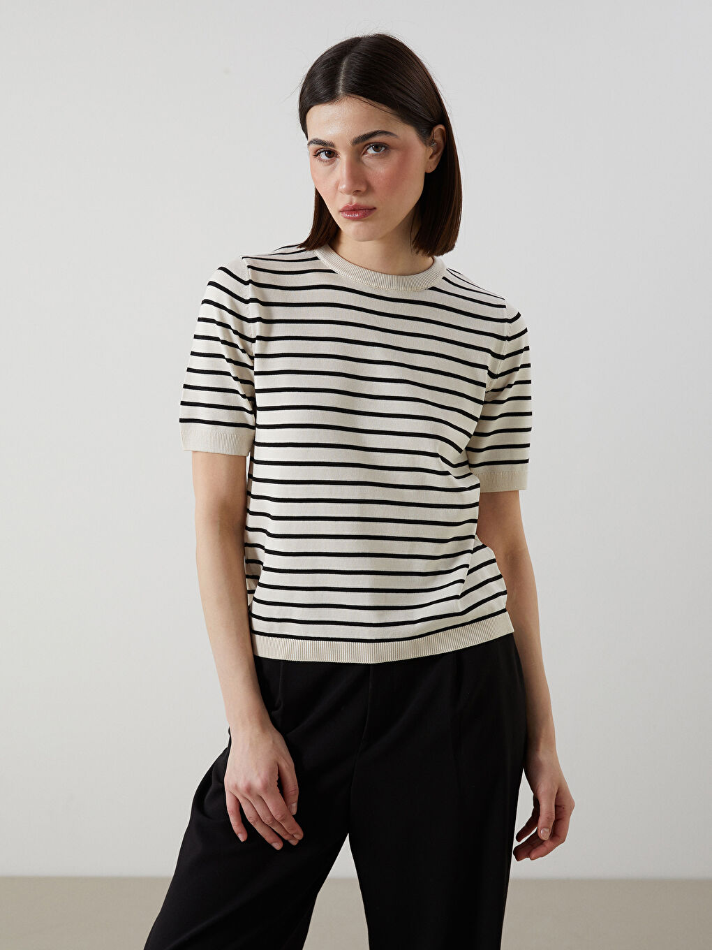 Crew Neck Striped Women's Knitwear Sweater -S5KI67Z8-LEG