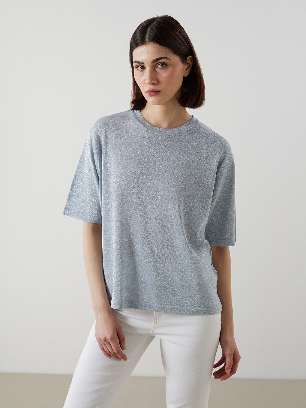 Crew Neck Shiny Look Oversized Women’S Knit Sweater -S5KI68Z8-JM6