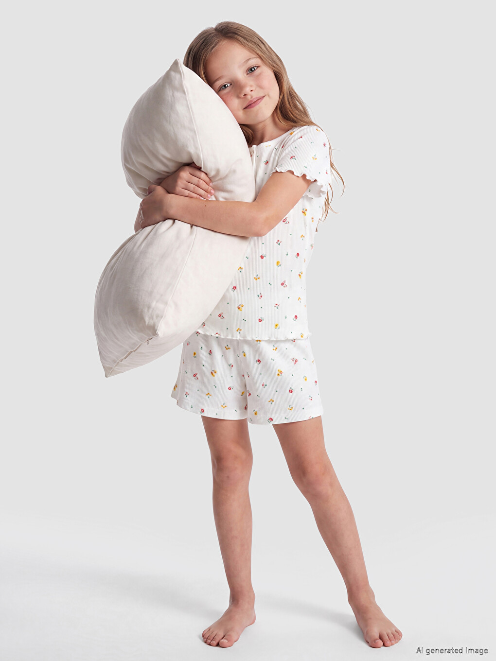 Ekru Çiçekli Kız Çocuk Şortlu Pijama Takım-1
