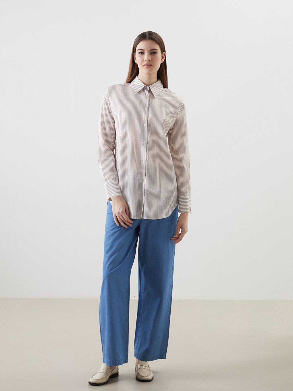 Bej Çizgili Poplin Kadın Gömlek Tunik-1